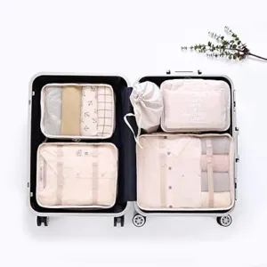 LANGUGU Compression Travel Luggage Organizers 6 Set, Mesh Clothes Bags Luggage Travel Packing Cubes with Bra Underwear Bag for Carry-on Luggage, Suitcase and Backpacking Accessories (Beige)