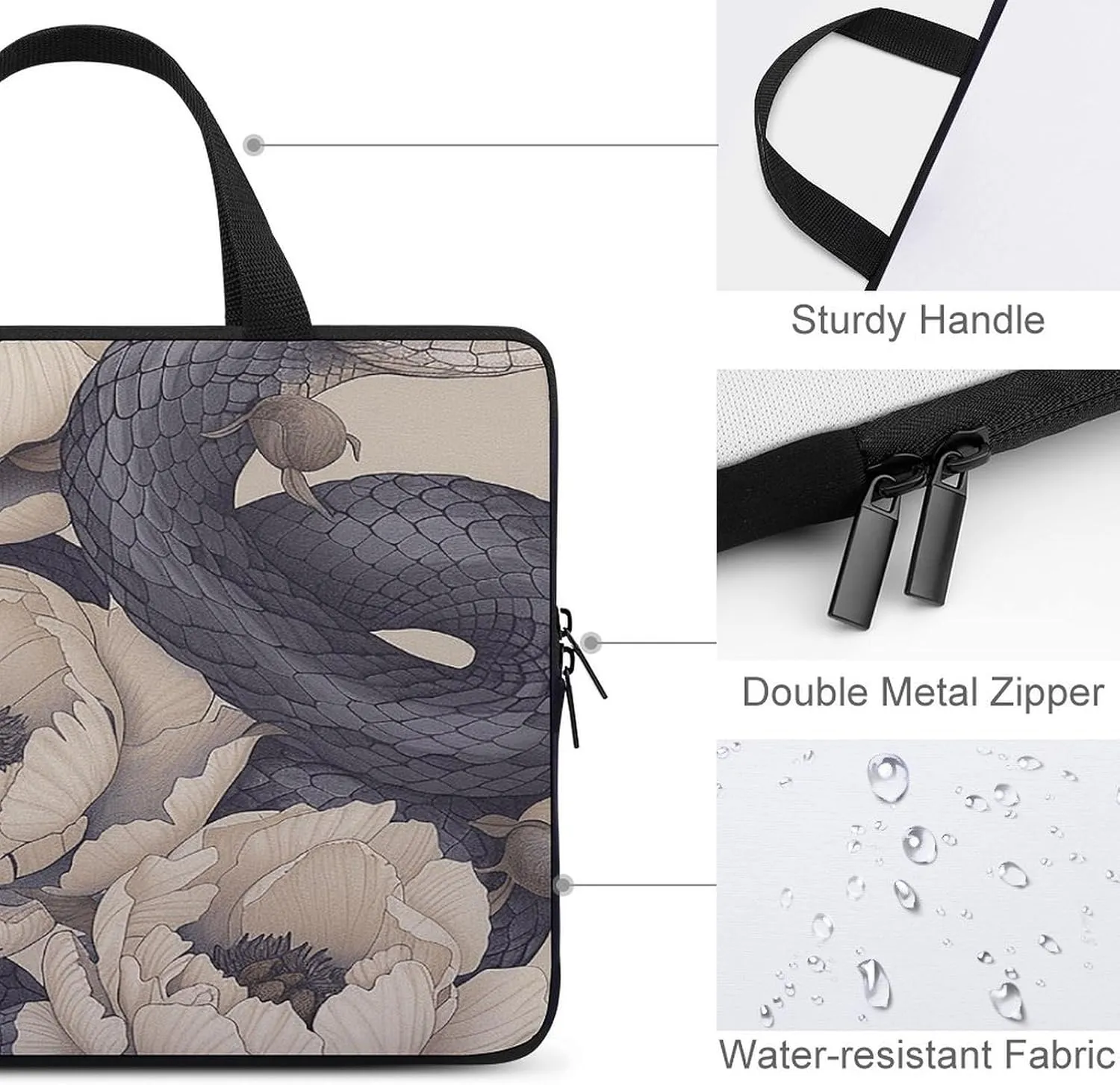 Laptop Bag Ultrathin Black Snake And Flower Printing Laptop Carrying Case Portability Messenger Bags For Work Travel