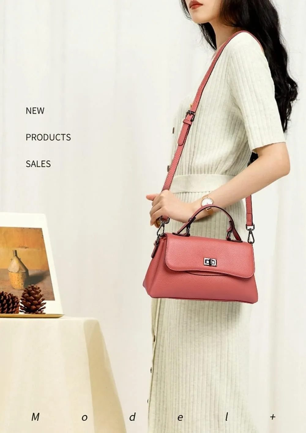Lock Leather Square Bag Women's Unique Shoulder Bags Tote Bags Top Handle Satchel Handbags (Green) (Color : Red)