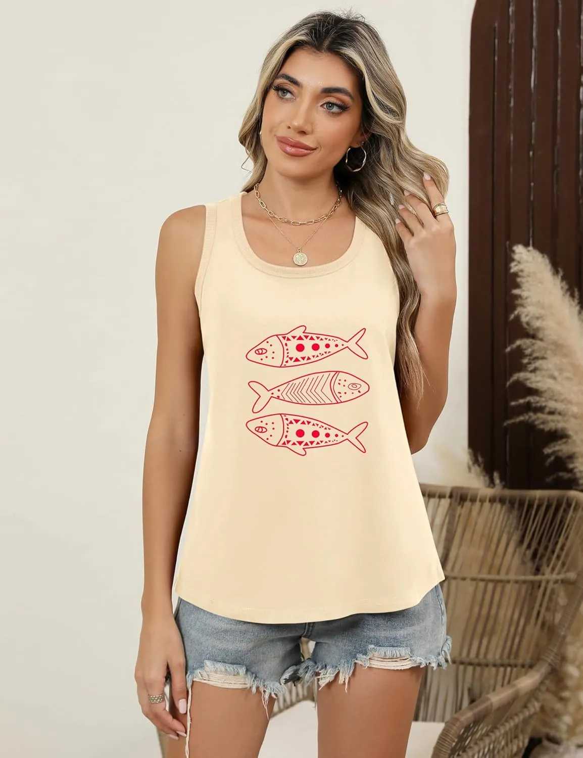 LOMON Womens Tank Tops Round Neck Graphic T Shirts Loose Fit Casual Sleeveless Summer Tops