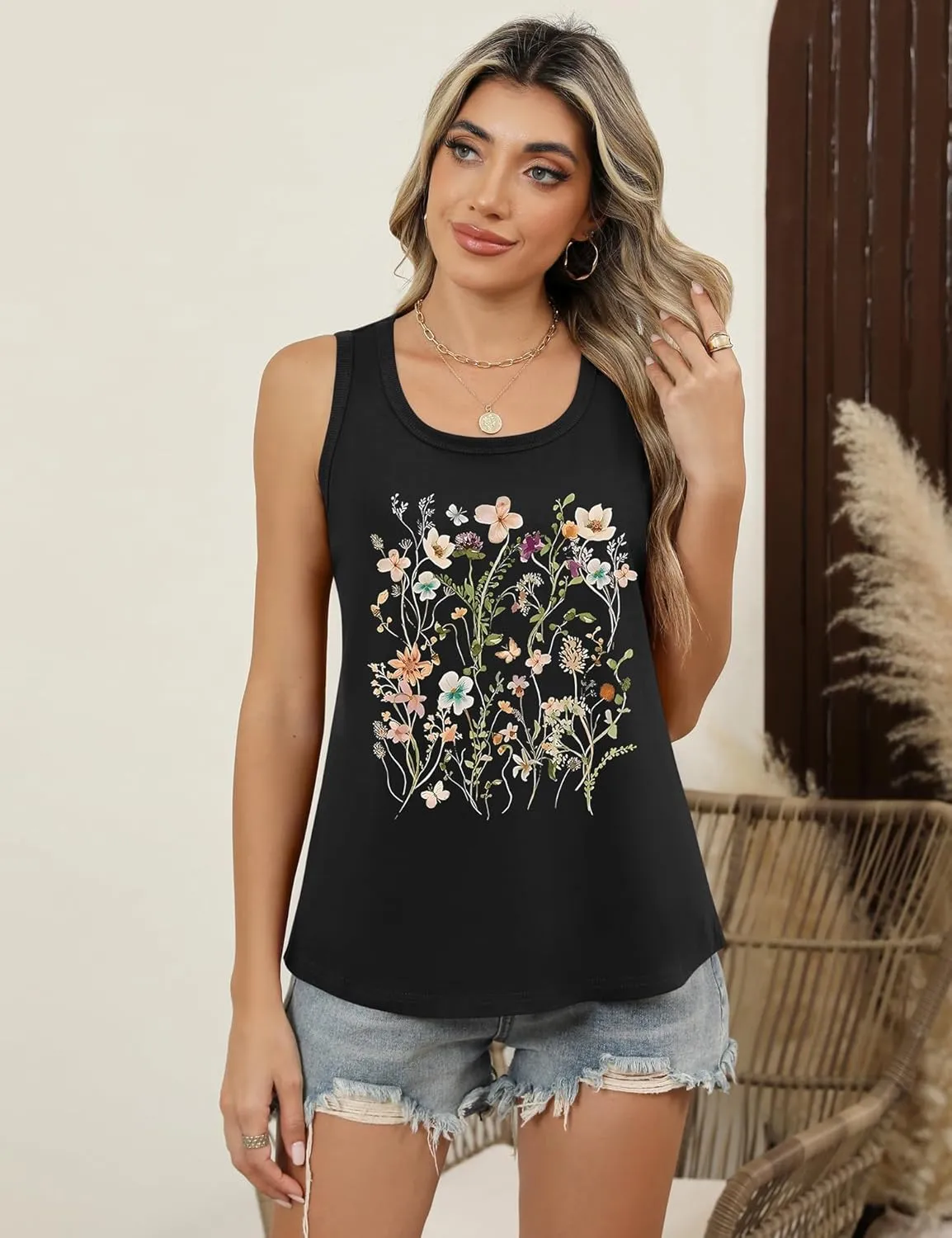 LOMON Womens Tank Tops Round Neck Graphic T Shirts Loose Fit Casual Sleeveless Summer Tops