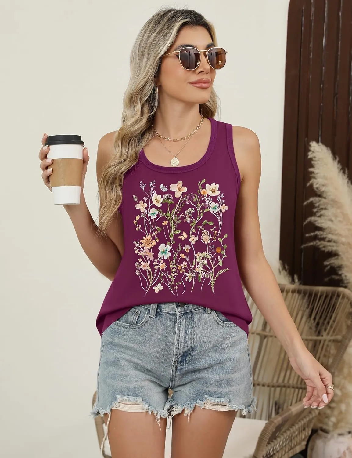 LOMON Womens Tank Tops Round Neck Graphic T Shirts Loose Fit Casual Sleeveless Summer Tops