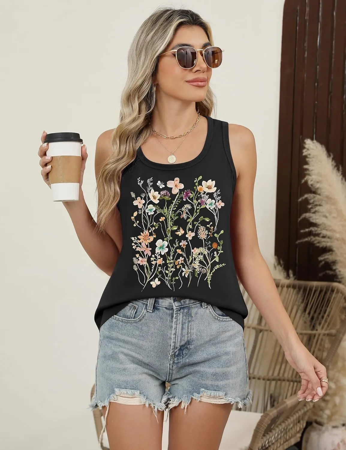 LOMON Womens Tank Tops Round Neck Graphic T Shirts Loose Fit Casual Sleeveless Summer Tops