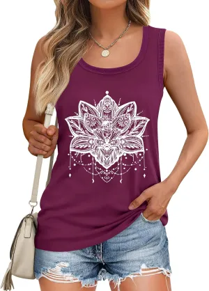 LOMON Womens Tank Tops Round Neck Graphic T Shirts Loose Fit Casual Sleeveless Summer Tops