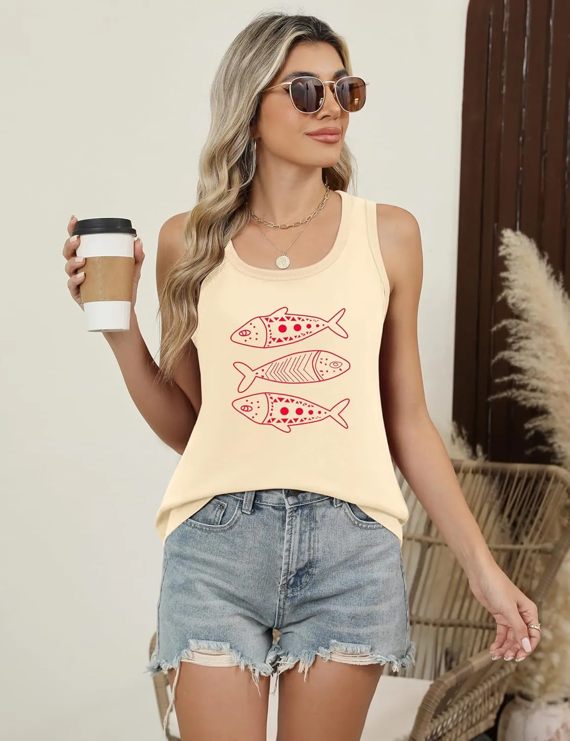 LOMON Womens Tank Tops Round Neck Graphic T Shirts Loose Fit Casual Sleeveless Summer Tops