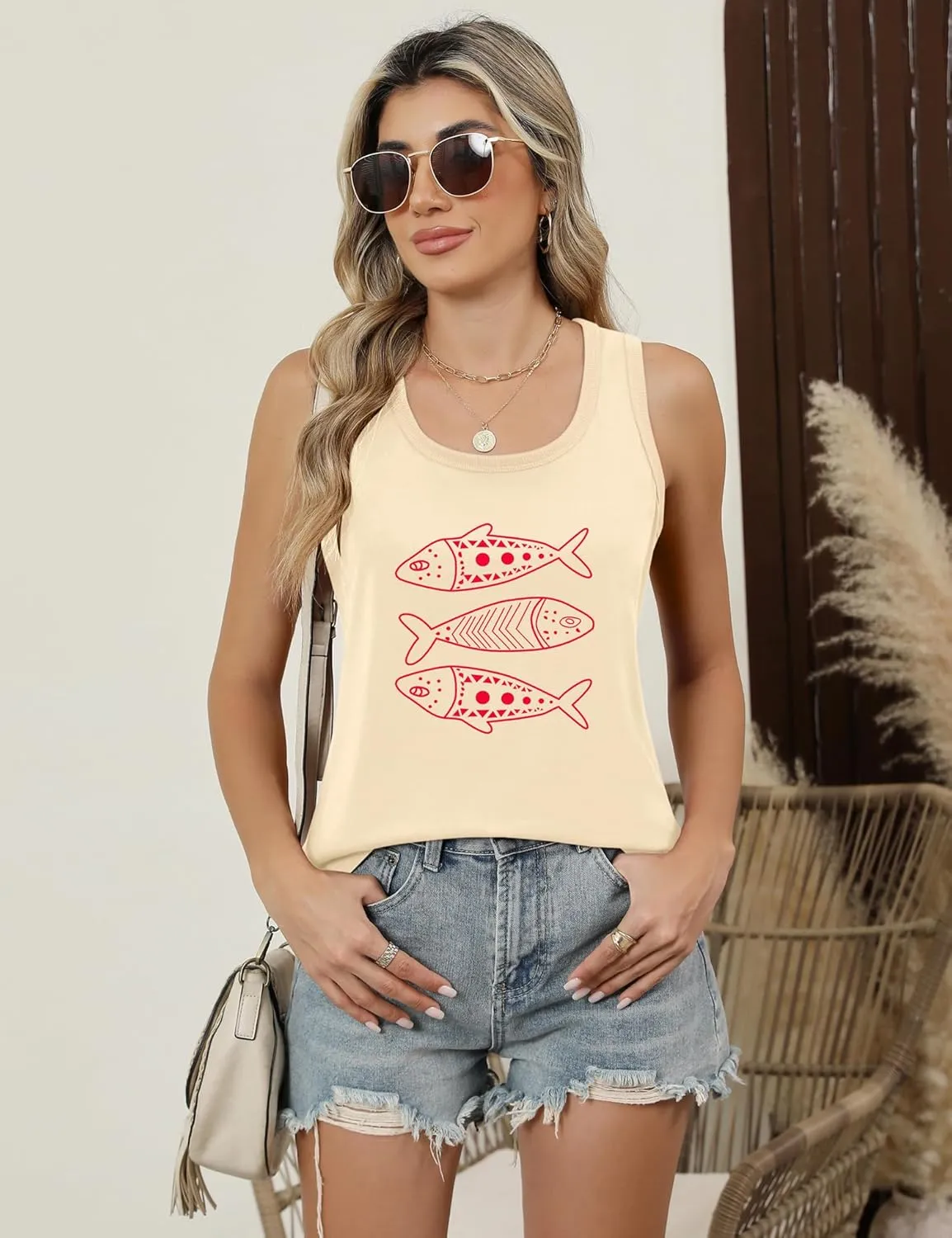 LOMON Womens Tank Tops Round Neck Graphic T Shirts Loose Fit Casual Sleeveless Summer Tops