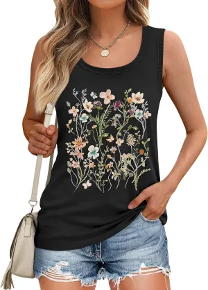 LOMON Womens Tank Tops Round Neck Graphic T Shirts Loose Fit Casual Sleeveless Summer Tops