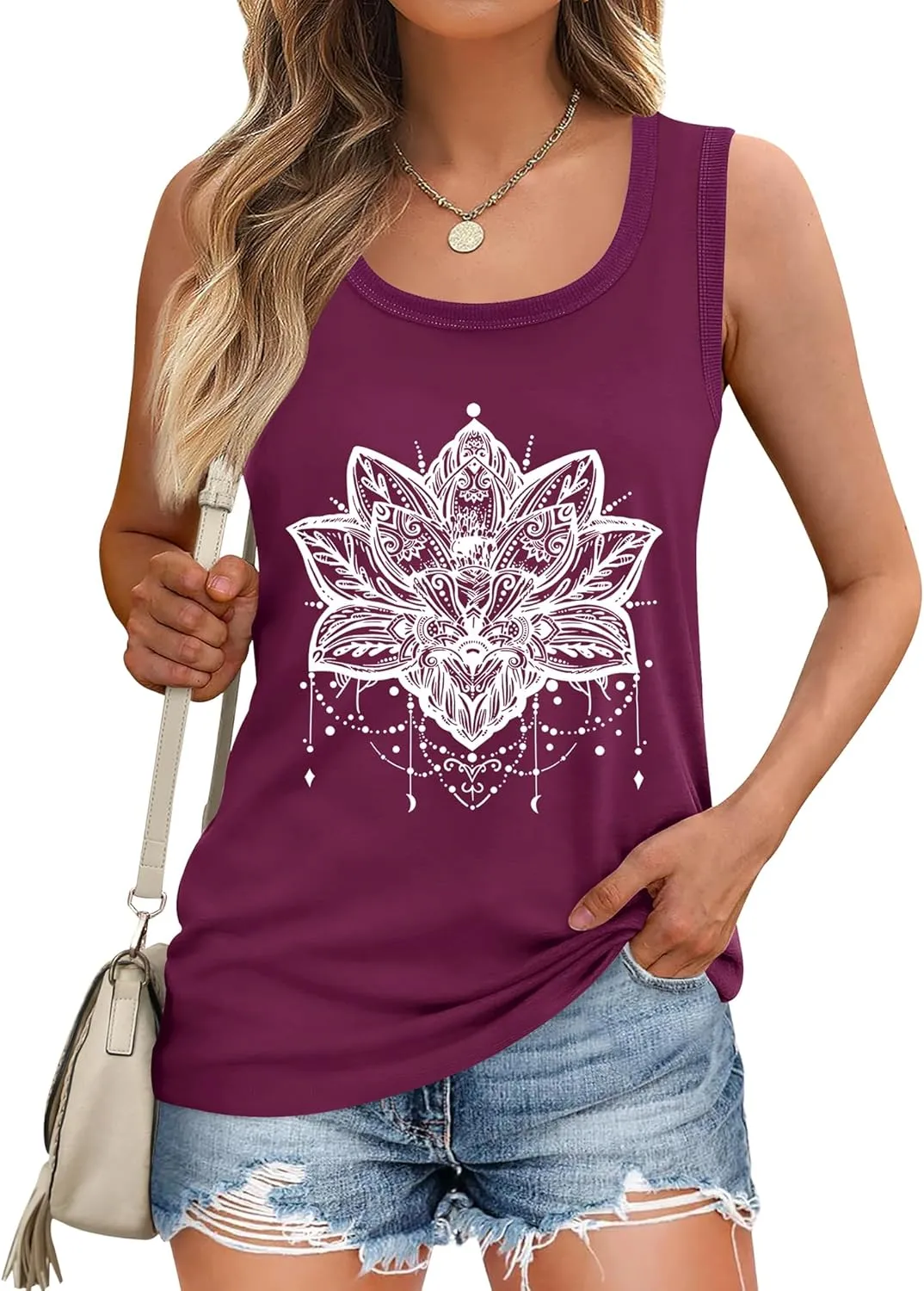 LOMON Womens Tank Tops Round Neck Graphic T Shirts Loose Fit Casual Sleeveless Summer Tops