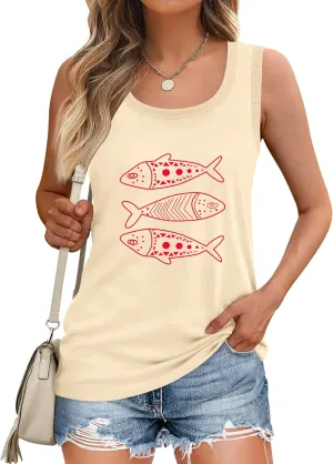 LOMON Womens Tank Tops Round Neck Graphic T Shirts Loose Fit Casual Sleeveless Summer Tops