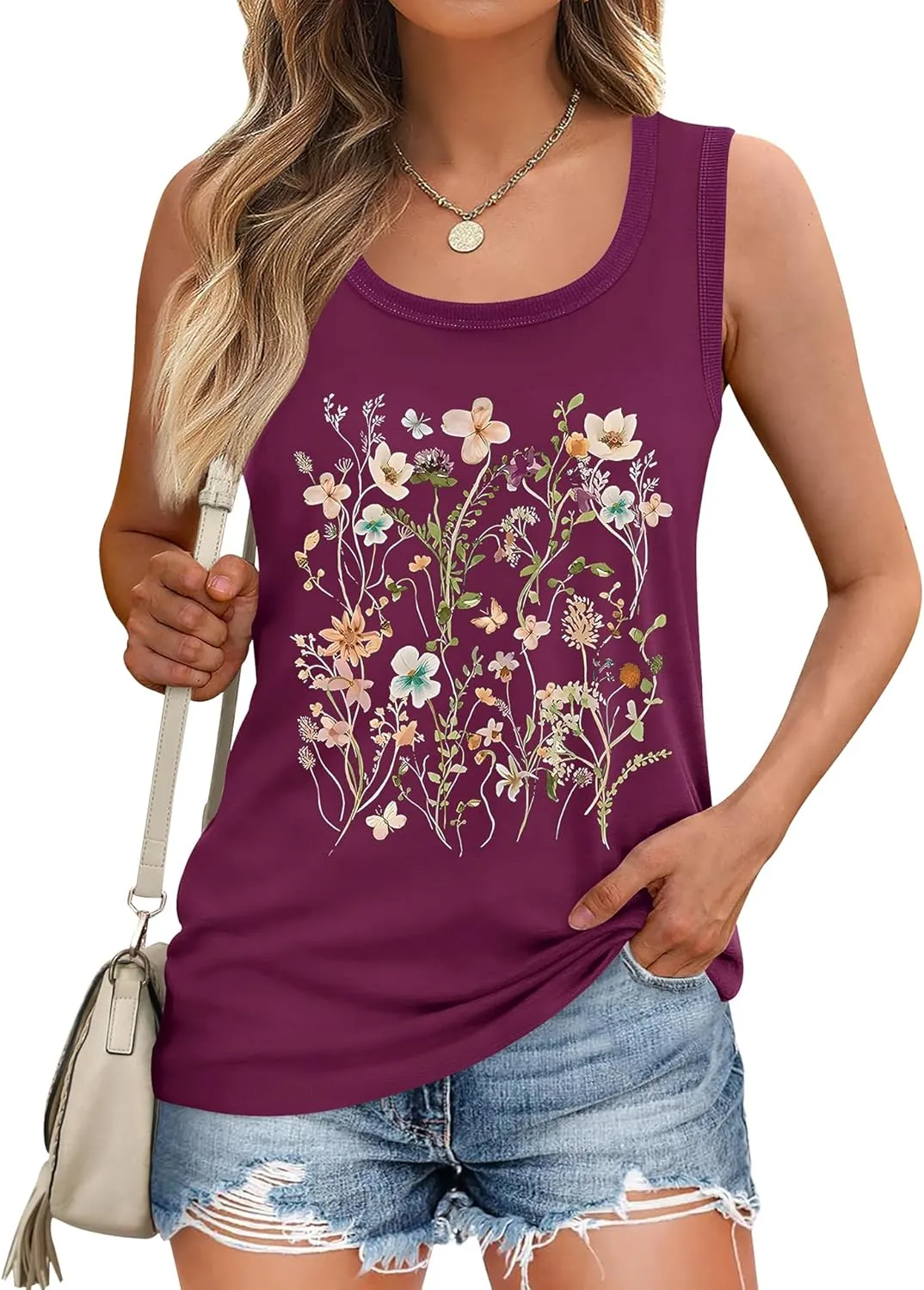 LOMON Womens Tank Tops Round Neck Graphic T Shirts Loose Fit Casual Sleeveless Summer Tops