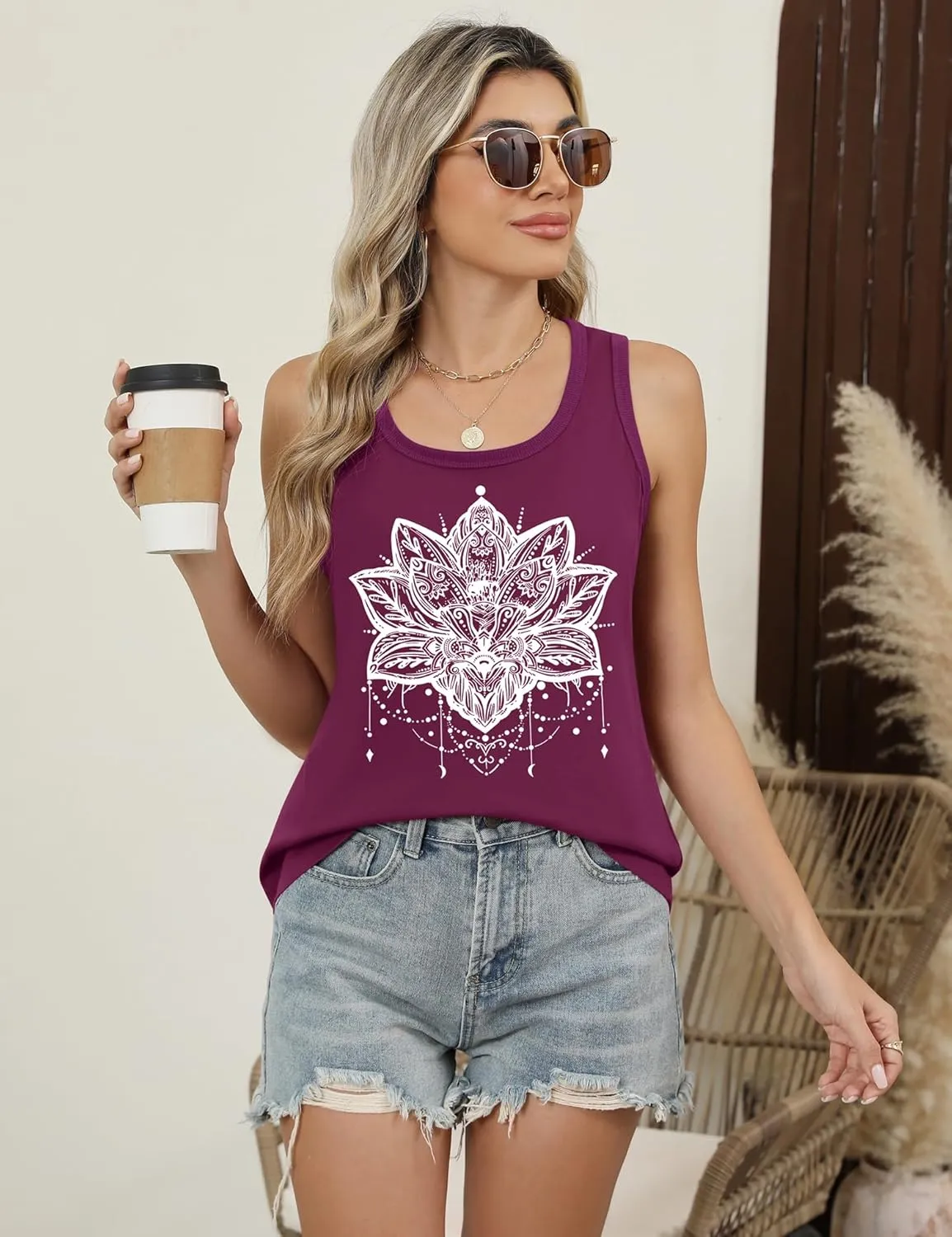 LOMON Womens Tank Tops Round Neck Graphic T Shirts Loose Fit Casual Sleeveless Summer Tops