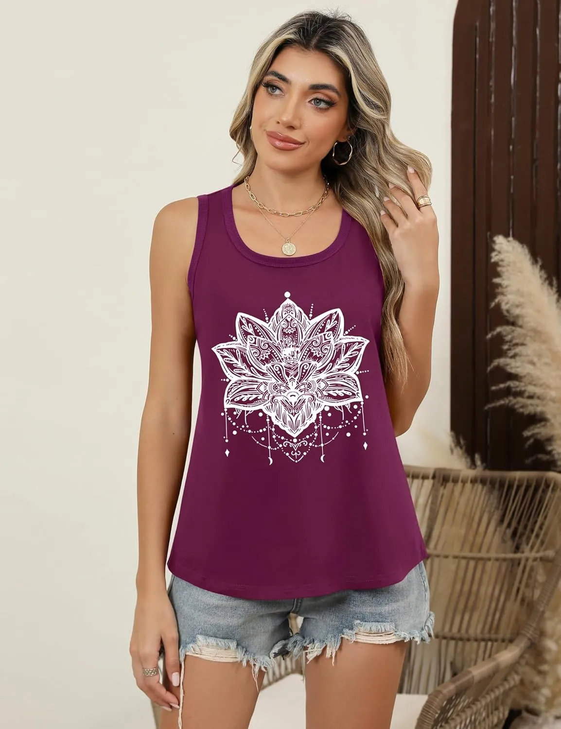 LOMON Womens Tank Tops Round Neck Graphic T Shirts Loose Fit Casual Sleeveless Summer Tops
