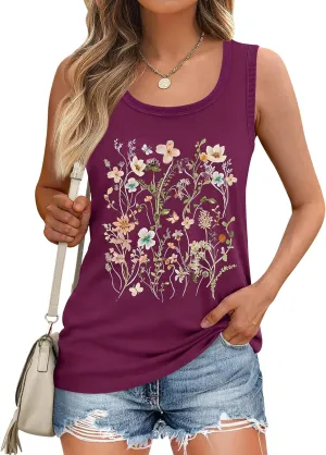 LOMON Womens Tank Tops Round Neck Graphic T Shirts Loose Fit Casual Sleeveless Summer Tops