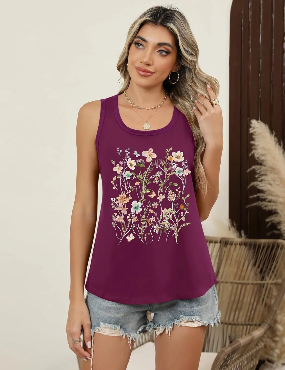 LOMON Womens Tank Tops Round Neck Graphic T Shirts Loose Fit Casual Sleeveless Summer Tops