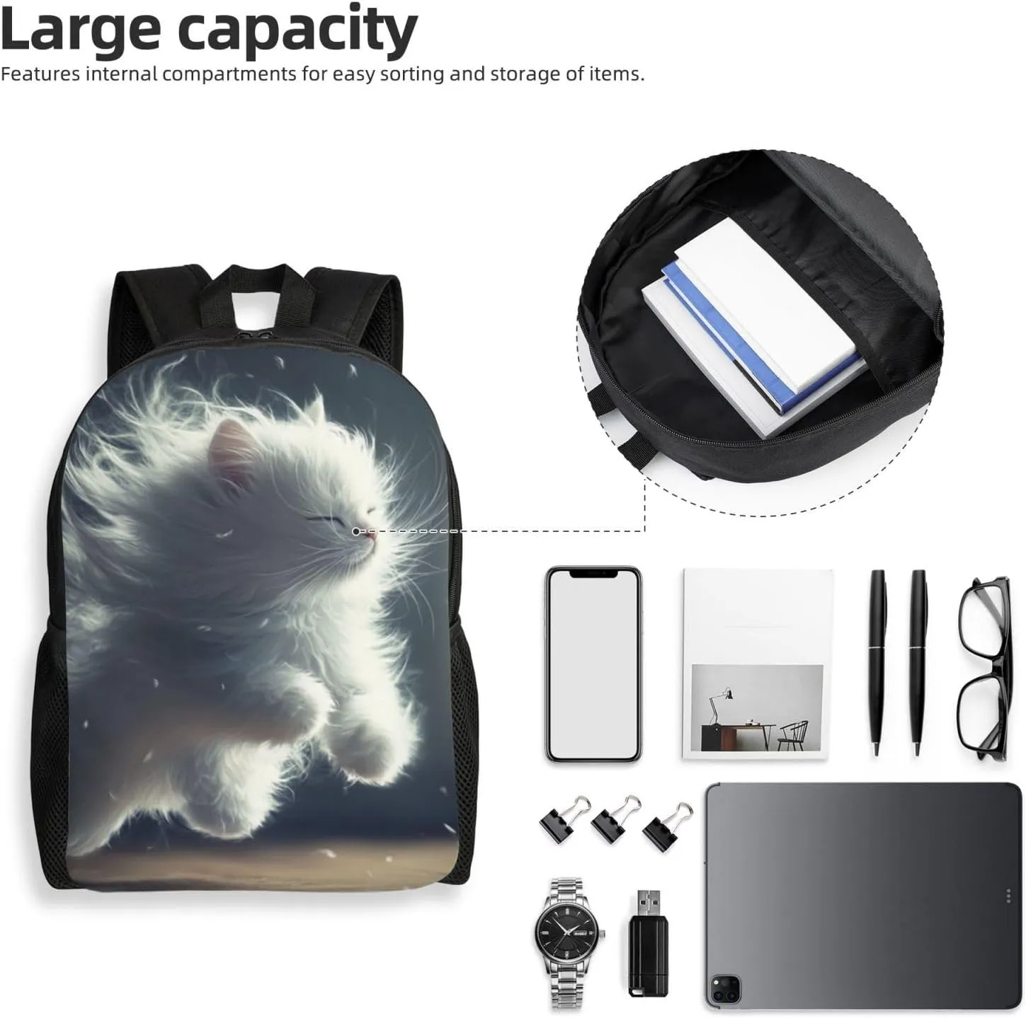 Long-Haired Cat Backpack Waterproof Anti Theft Durable Light Laptop Bag Backpacks For Women Men Travel Gym Backpack