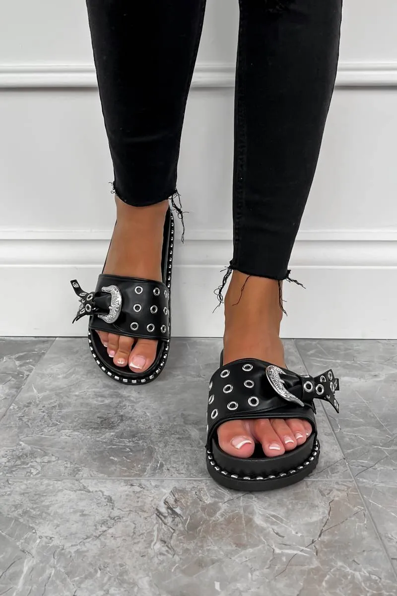 LOSE IT Western Buckle Sliders - Black/Silver