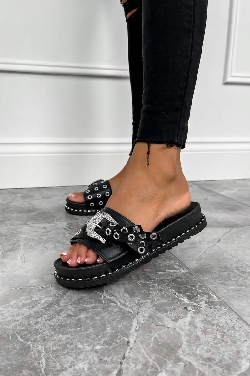 LOSE IT Western Buckle Sliders - Black/Silver