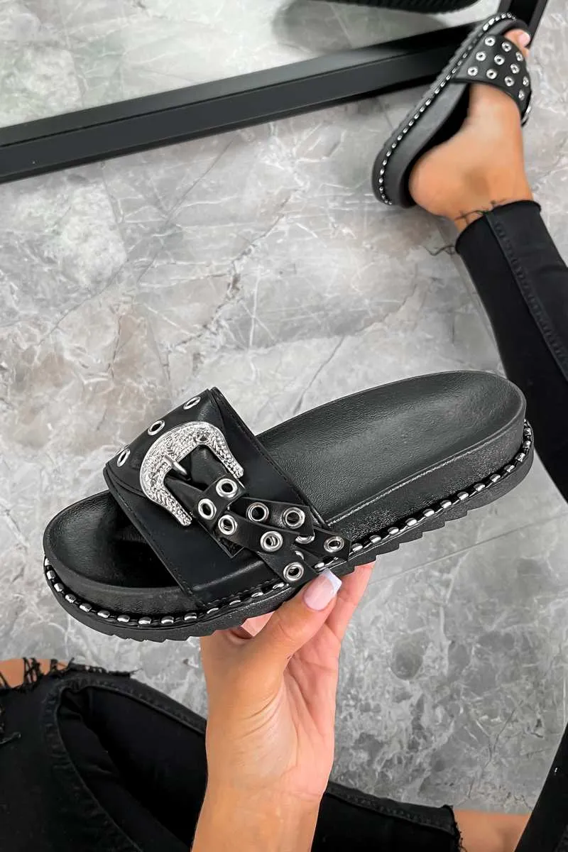 LOSE IT Western Buckle Sliders - Black/Silver