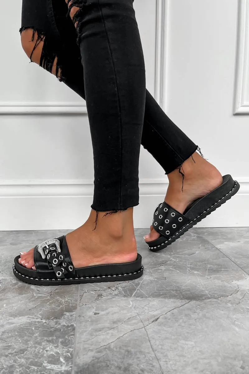 LOSE IT Western Buckle Sliders - Black/Silver