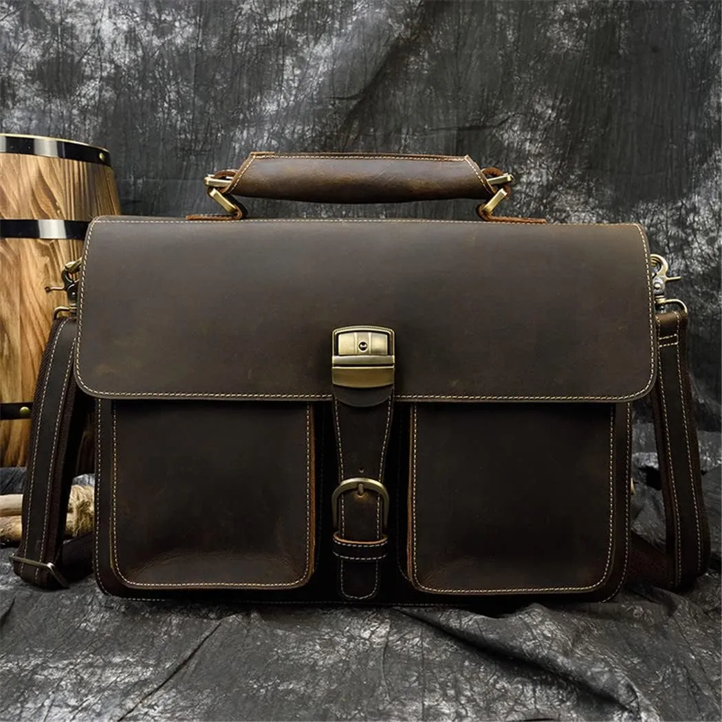 Luxury 100% Genuine Leather Men 15.6" Briefcase Cow Leather Laptop Bag Vintage Shoulder Bag Computer Bag