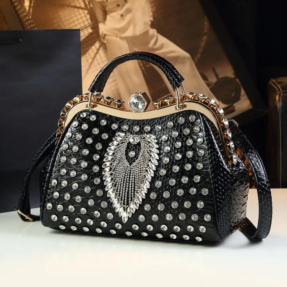 Luxury Fashion Diamonds Bag For Women Leather Top Handle Satchel Handbags Clip Rhinestone Purses Tote Shoulder Crossbody Bags