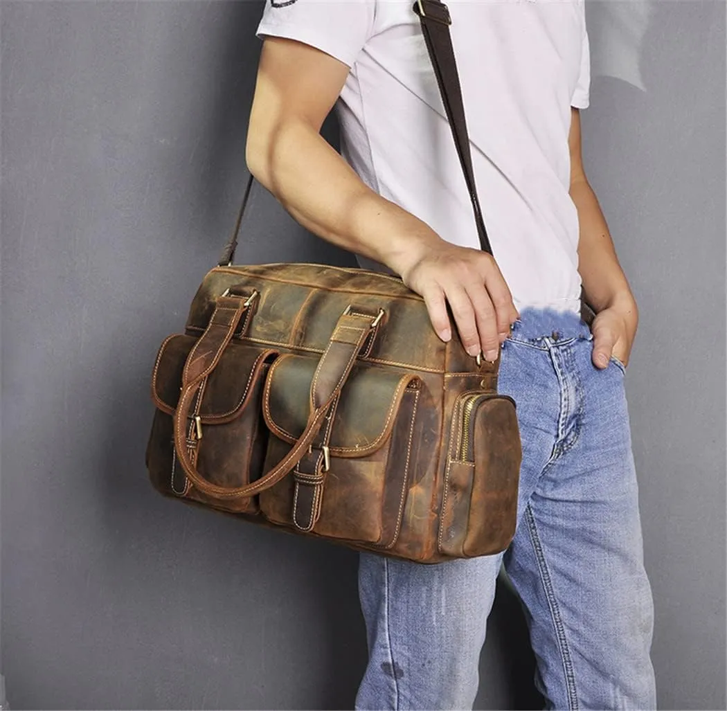 Male Crazy Horse Leather Business Briefcase Messenger Bag Travel Laptop Document Case Tote Portfolio Bag