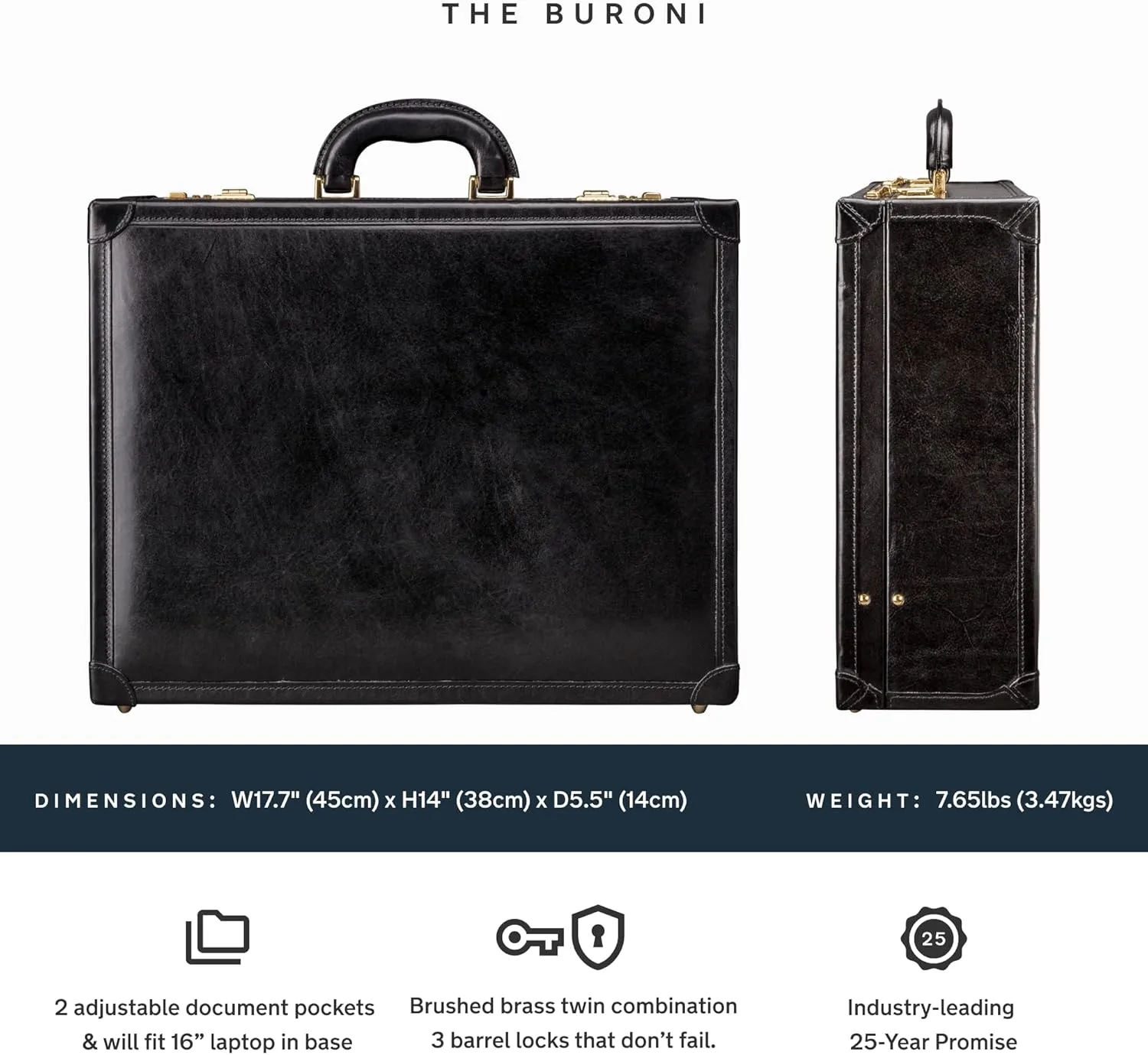 Maxwell Scott - Luxury Leather Large Square Box Attach Briefcase with Combination - Handmade in Italy - The Buroni