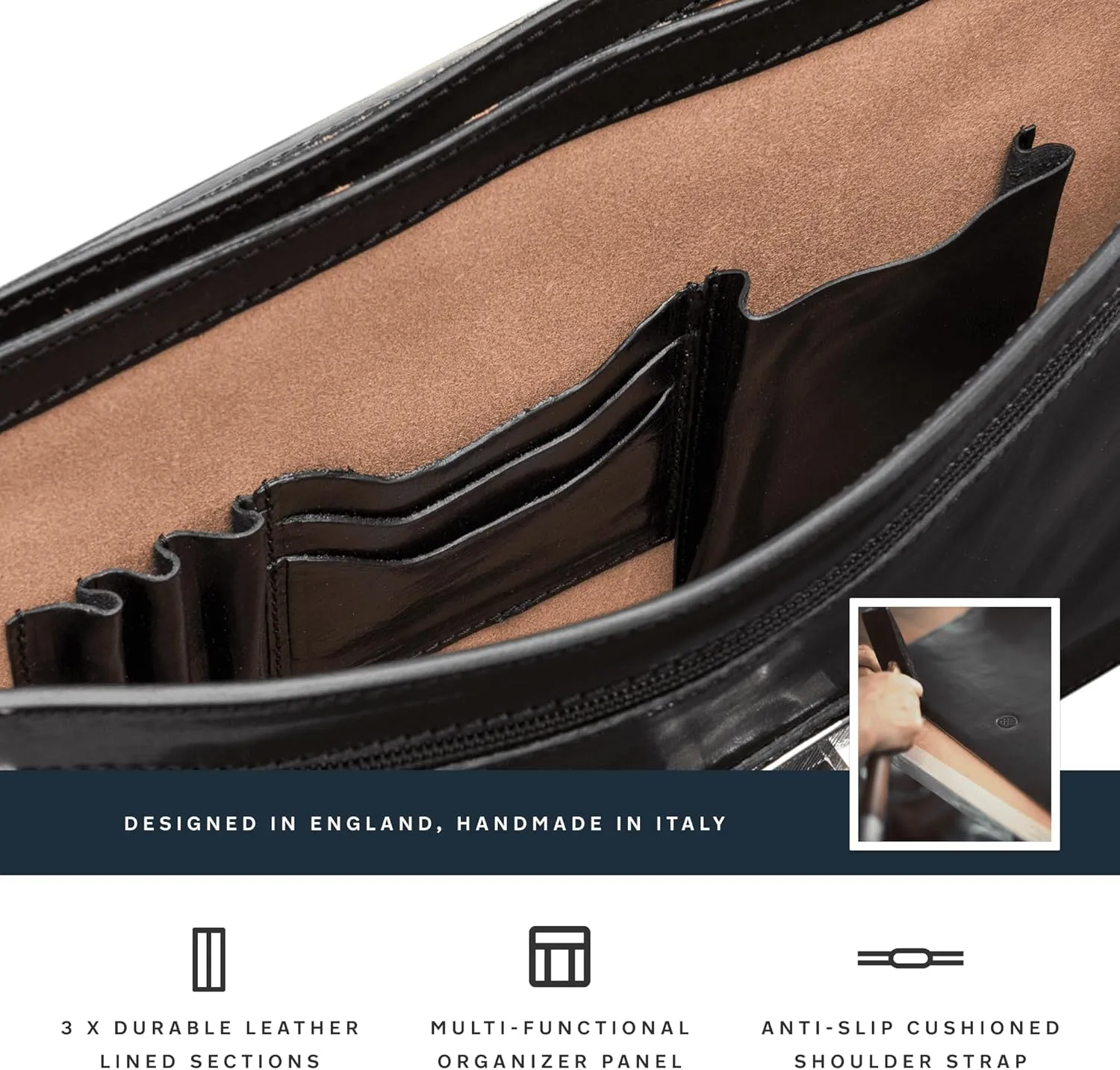 Maxwell Scott - Mens Luxury Full Grain Leather Classic Work Briefcase with Shoulder Strap - 3 Section - The Paolo3