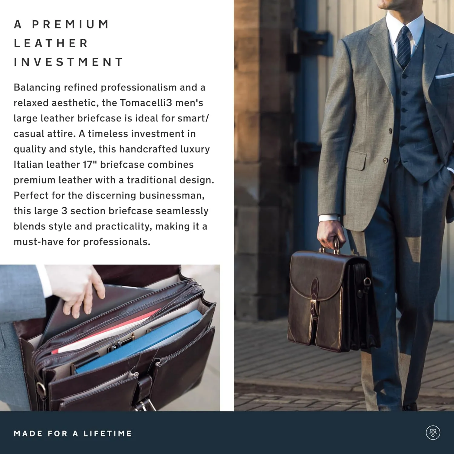 Maxwell Scott - Mens Luxury Italian Leather Large Briefcase with Buckle Closure - Handmade - The Tomacelli3