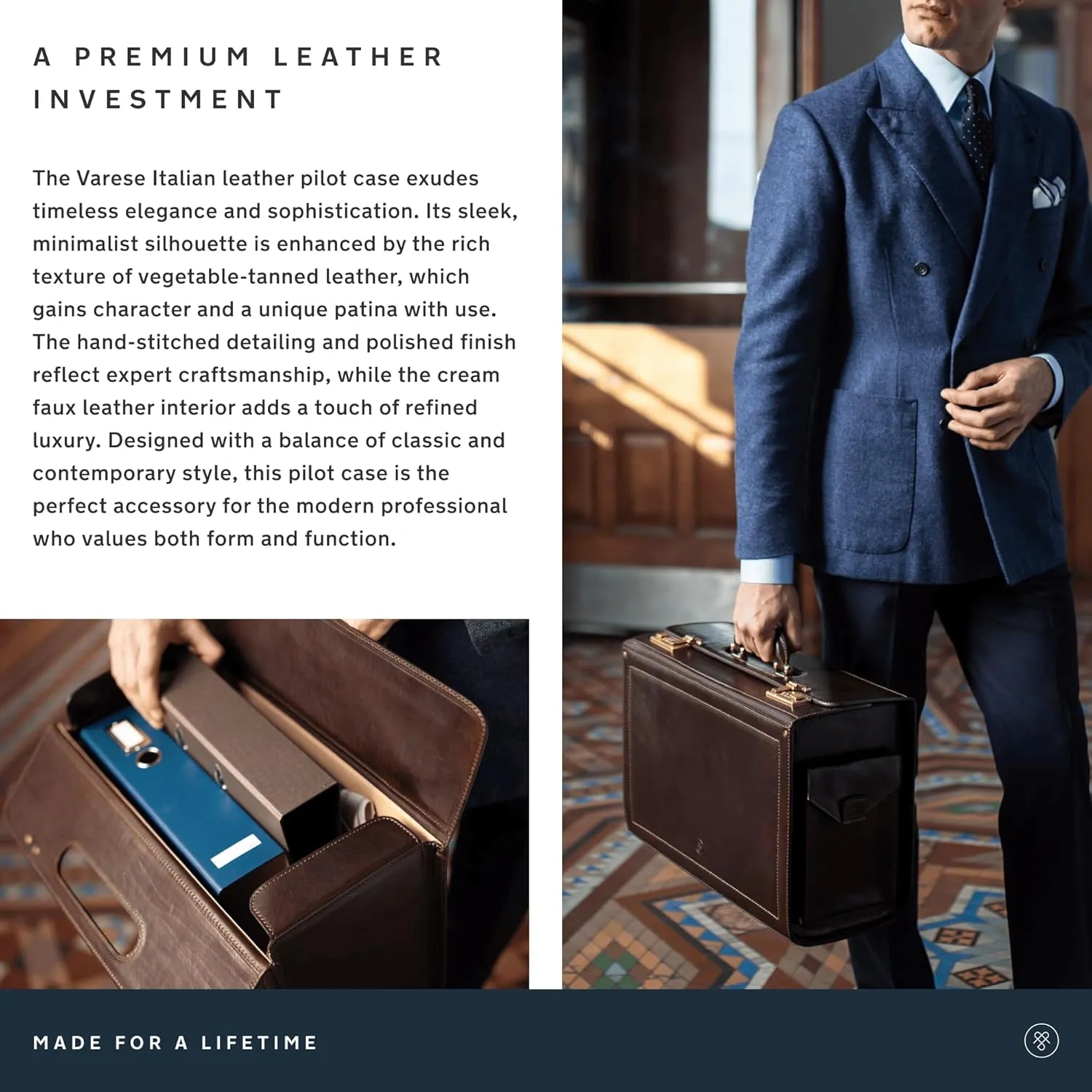 Maxwell Scott - Mens Luxury Leather Pilot Briefcase/Catalog Case with Combination Lock - Handmade - The Varese Chestnut Tan