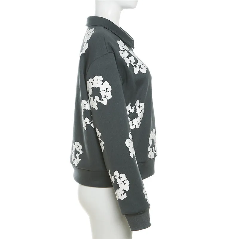 MB FASHION Floral Pattern Half-Zip Collared Sweatshirt TOP 4567LY