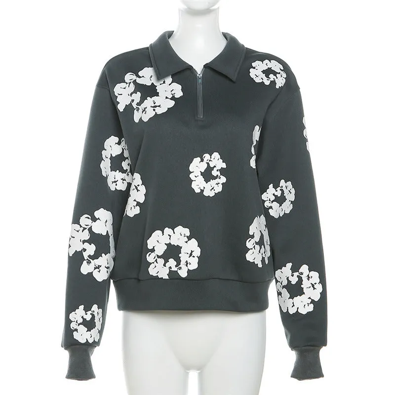 MB FASHION Floral Pattern Half-Zip Collared Sweatshirt TOP 4567LY