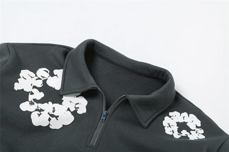 MB FASHION Floral Pattern Half-Zip Collared Sweatshirt TOP 4567LY