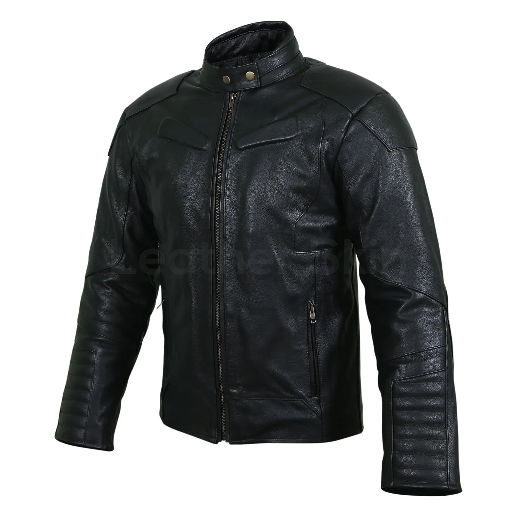 Men Black Motorcycle Biker Sleeve Padded Genuine Leather Jacket