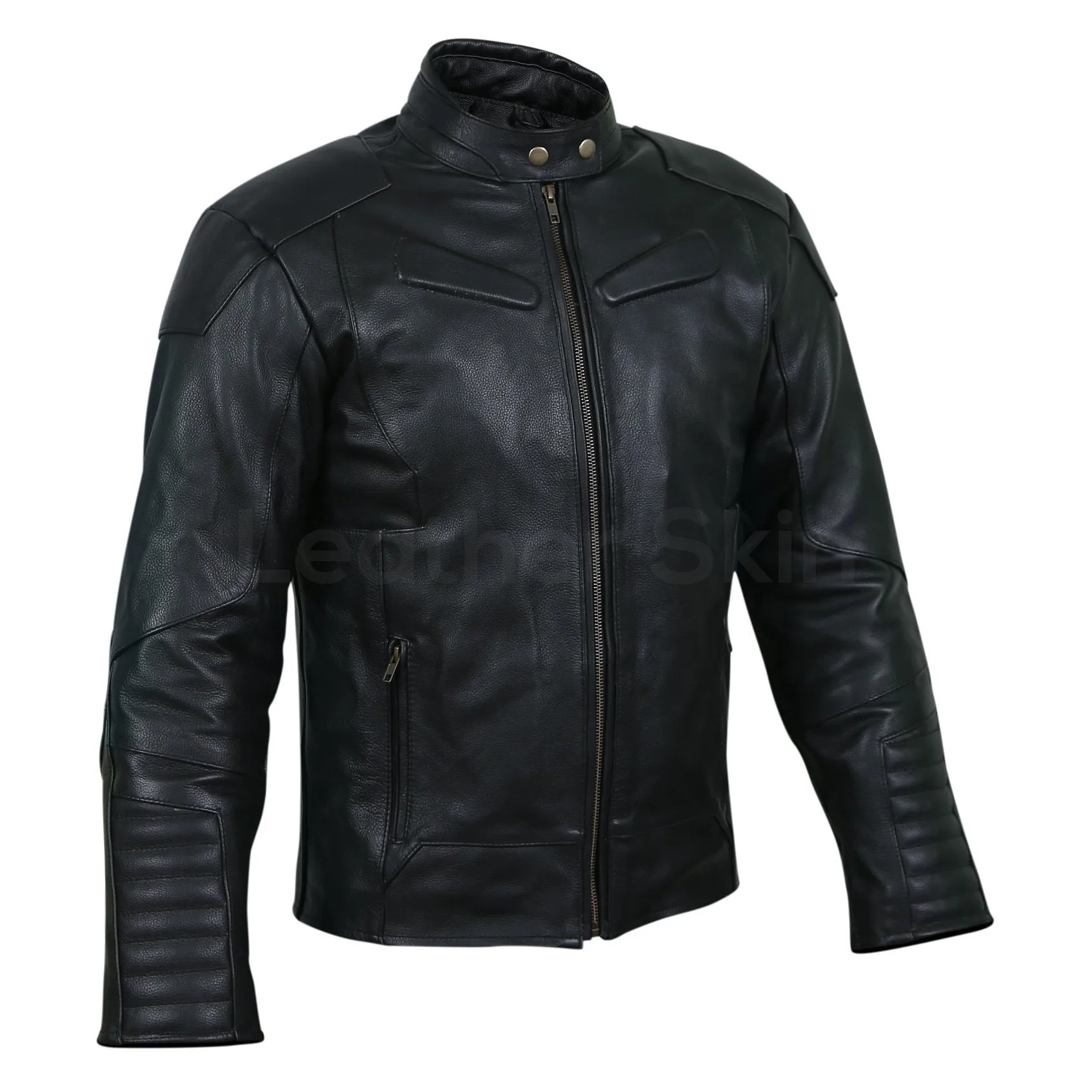 Men Black Motorcycle Biker Sleeve Padded Genuine Leather Jacket