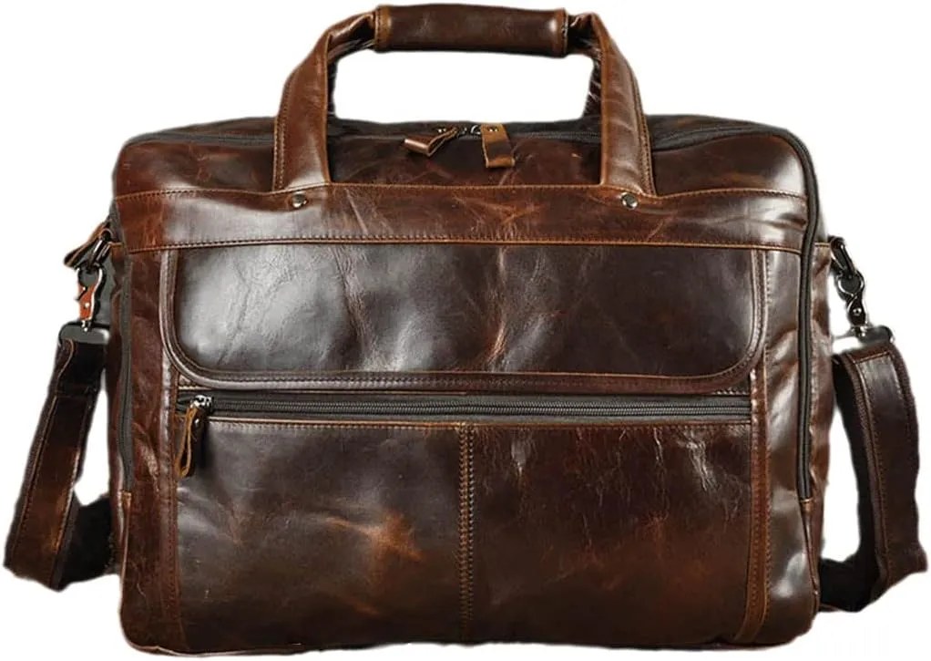 Men Real Leather Antique Briefcase Business 15.6" Laptop Cases Attache Messenger Bags