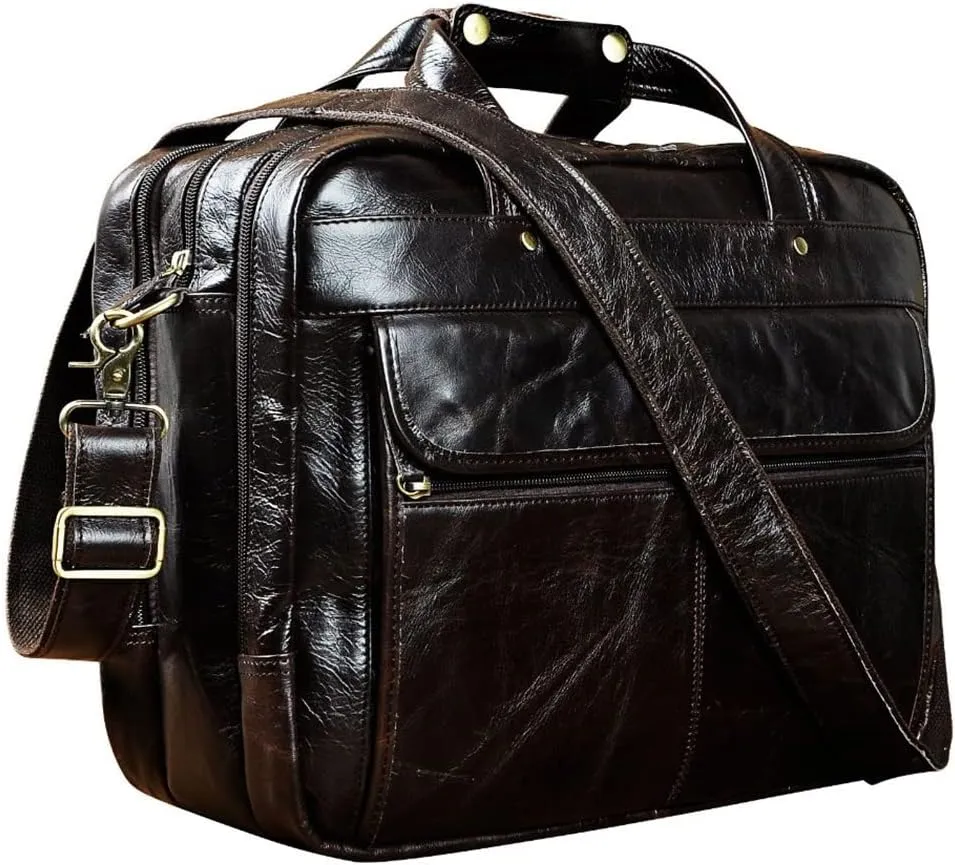 Men Real Leather Antique Briefcase Business 15.6" Laptop Cases Attache Messenger Bags