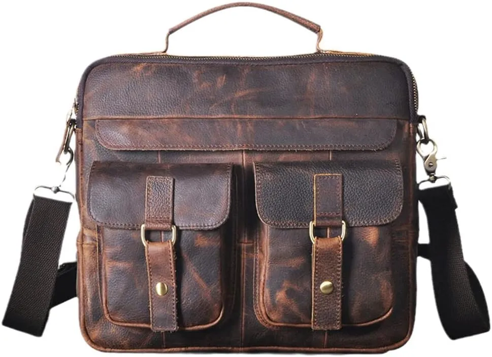 Men Real Leather Antique Coffee Briefcase Business 13" Laptop Cases Attache Messenger Bags
