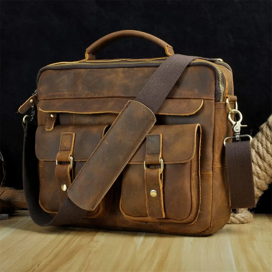 Men Real Leather Antique Coffee Briefcase Business 13" Laptop Cases Attache Messenger Bags