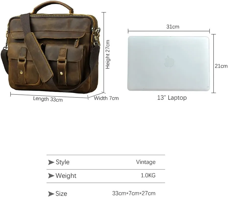 Men Real Leather Antique Coffee Briefcase Business 13" Laptop Cases Attache Messenger Bags