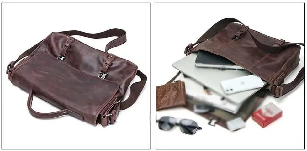 Men Retro Genuine Leather Briefcase Convertible 13. 3 Inch Messenger Bags Handbag Multifunction Business Shoulder Bag