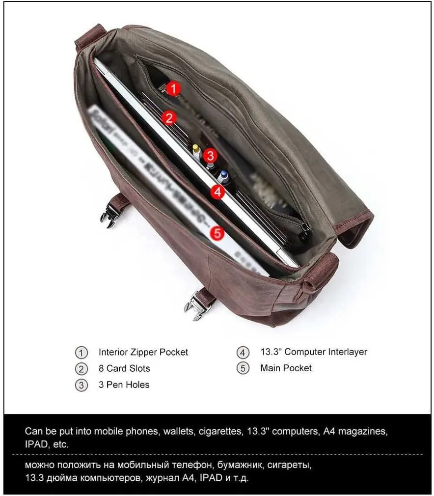 Men Retro Genuine Leather Briefcase Convertible 13. 3 Inch Messenger Bags Handbag Multifunction Business Shoulder Bag