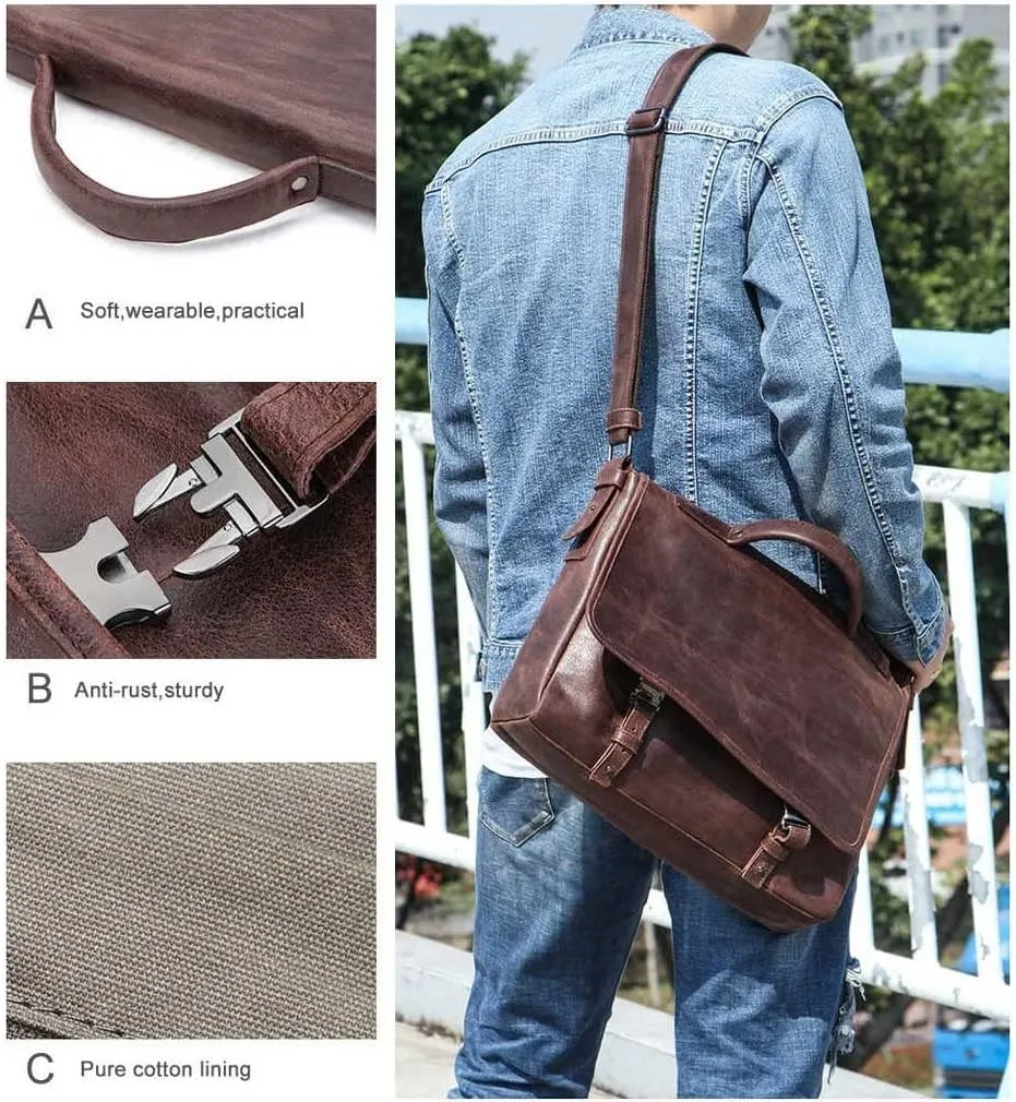 Men Retro Genuine Leather Briefcase Convertible 13. 3 Inch Messenger Bags Handbag Multifunction Business Shoulder Bag