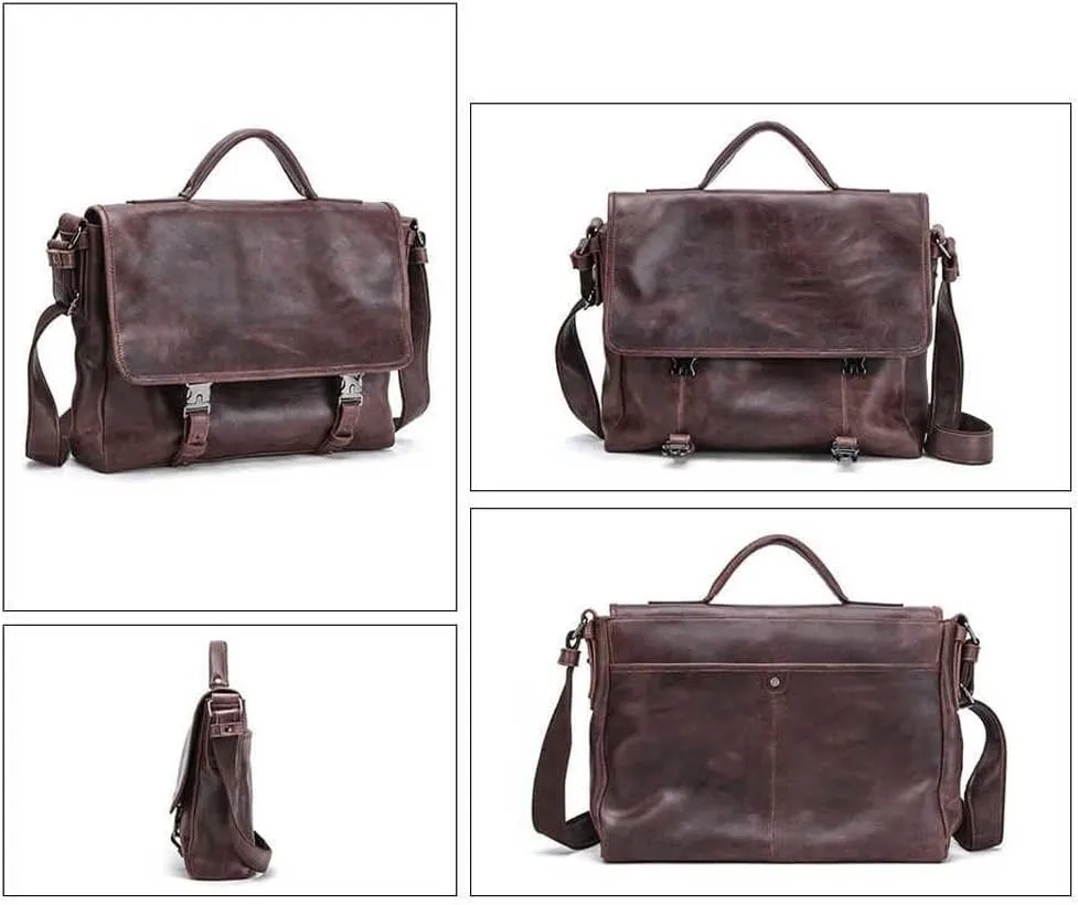 Men Retro Genuine Leather Briefcase Convertible 13. 3 Inch Messenger Bags Handbag Multifunction Business Shoulder Bag