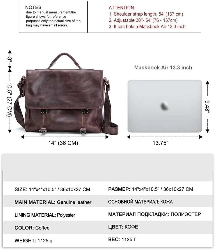 Men Retro Genuine Leather Briefcase Convertible 13. 3 Inch Messenger Bags Handbag Multifunction Business Shoulder Bag