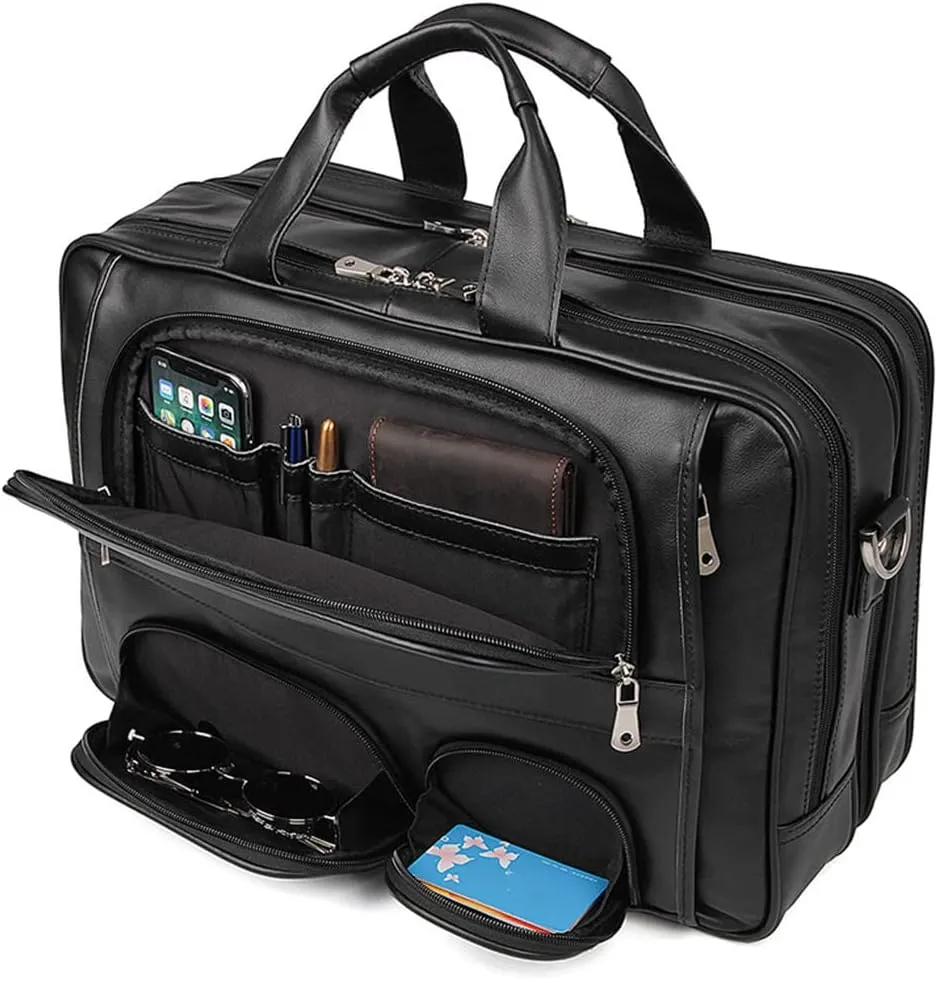 Men Vintage Big Large Coffee Black Brown Genuine Leather Briefcase Office Messenger 17'' Laptop Bags