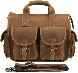 Men Vintage Crazy Horse Genuine Leather Briefcase 15" Laptop Business Tote Shoulder Messenger Bag Office Handbag