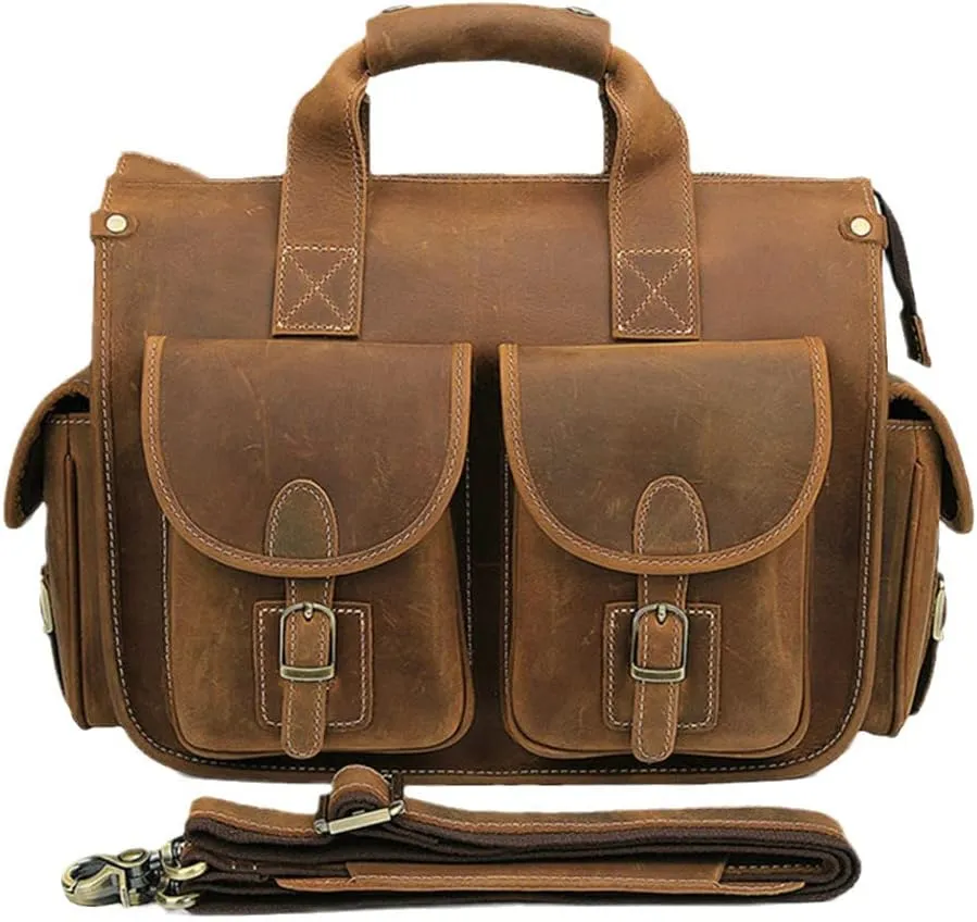 Men Vintage Crazy Horse Genuine Leather Briefcase 15" Laptop Business Tote Shoulder Messenger Bag Office Handbag