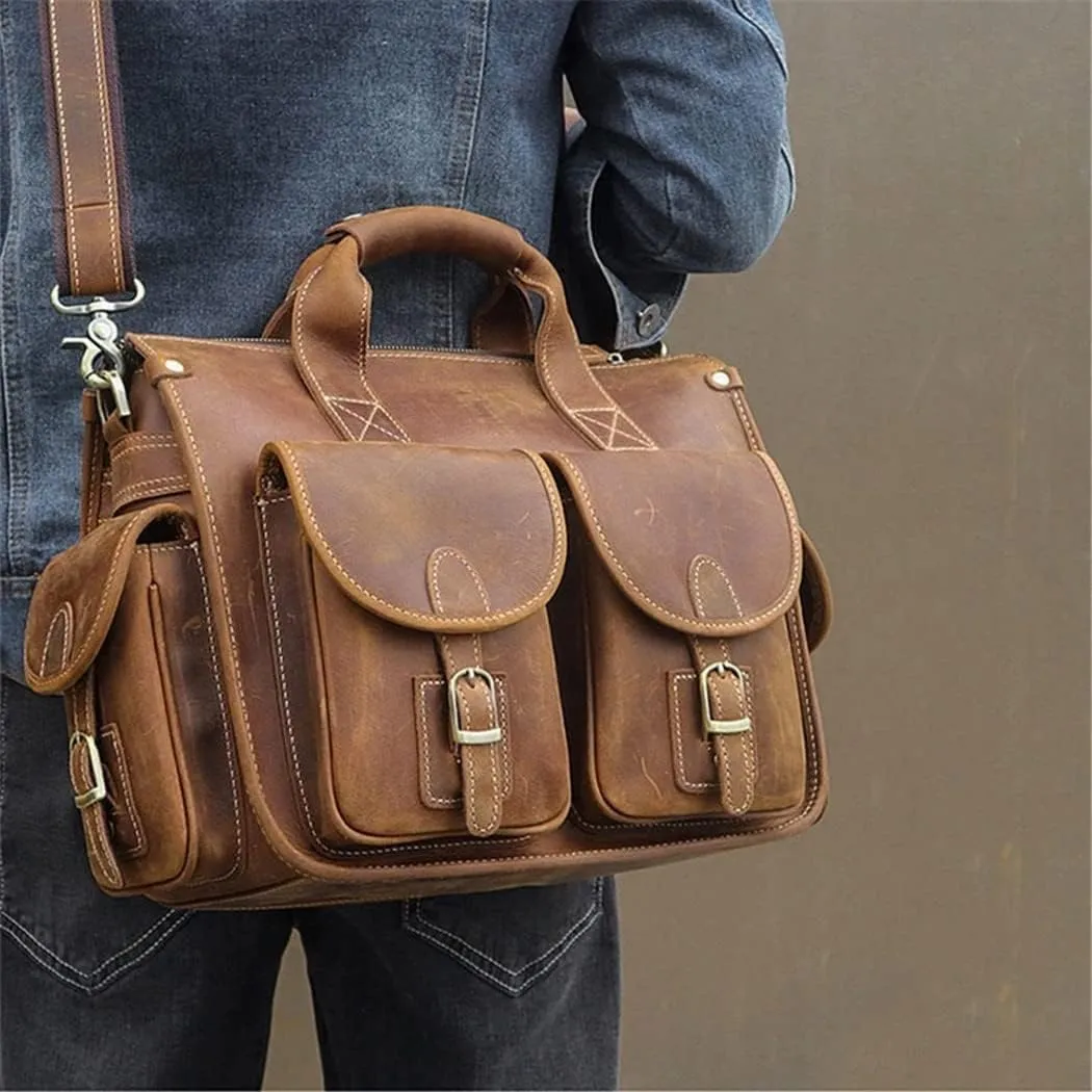 Men Vintage Crazy Horse Genuine Leather Briefcase 15" Laptop Business Tote Shoulder Messenger Bag Office Handbag
