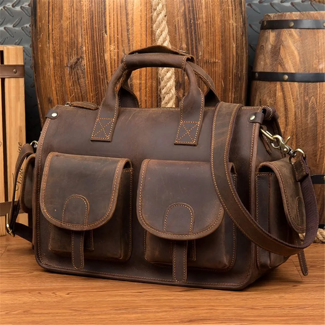 Men's Genuine Leather Briefcase Handbags Crazy Horse Leather Hand Bag Thick Real Leather Shoulder Bag